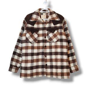 Vintage 70s 80s Sears Western Style Wool Plaid Shacket Jacket Brown Size L